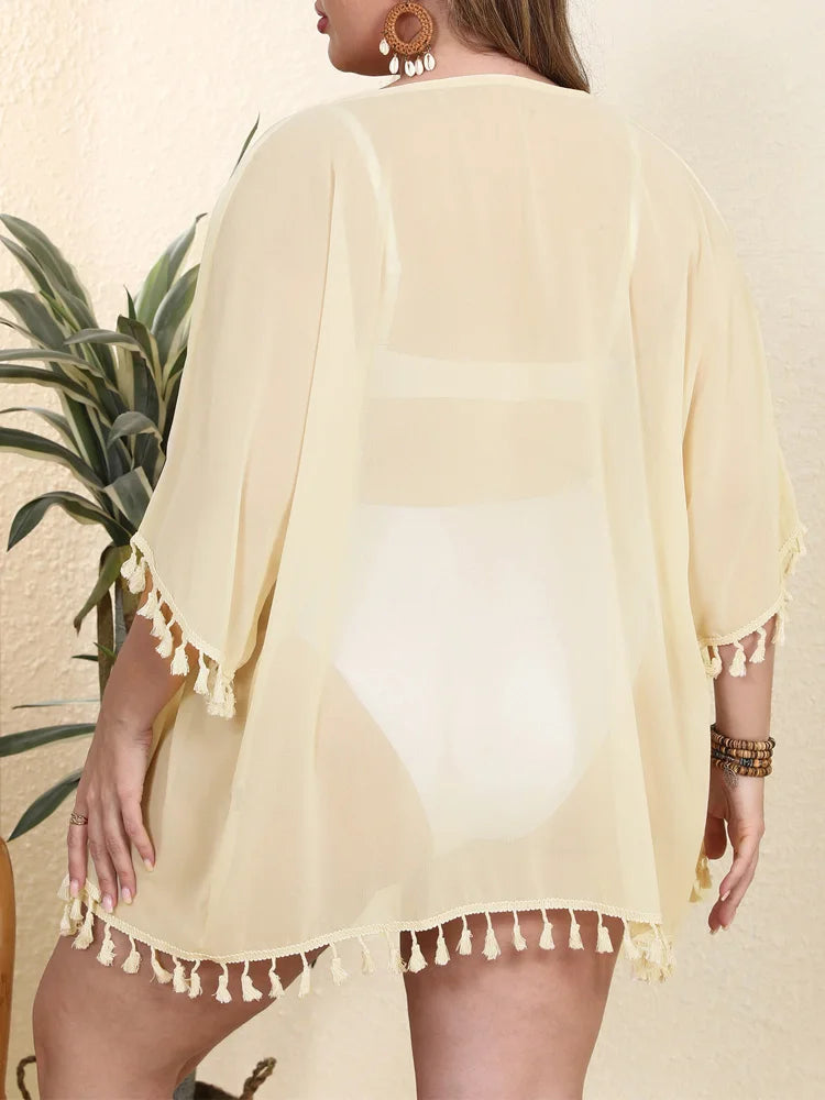 GIBSIE Plus Size Chiffon Beach Cover-Up – Solid Color Fringe Cardigan Tunic