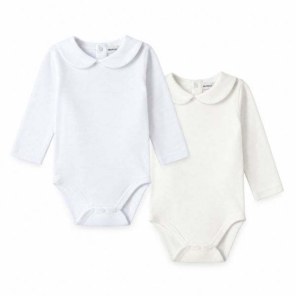 Pack 2 Bodies Manga Larga Cuello Bebé – Blanco y Crudo