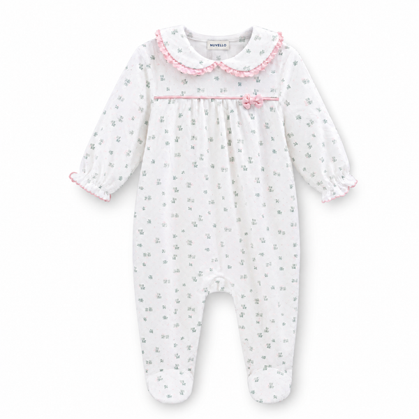 Pijama Terciopelo Bebé Niña – Blanco Cuello Volante Florecitas