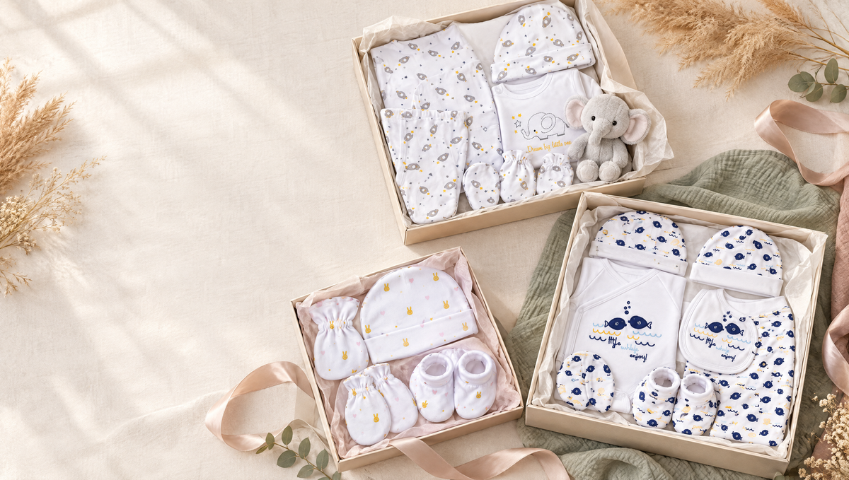 Cajas regalo para bebé de Nuvello con conjuntos, gorro, patucos y peluche