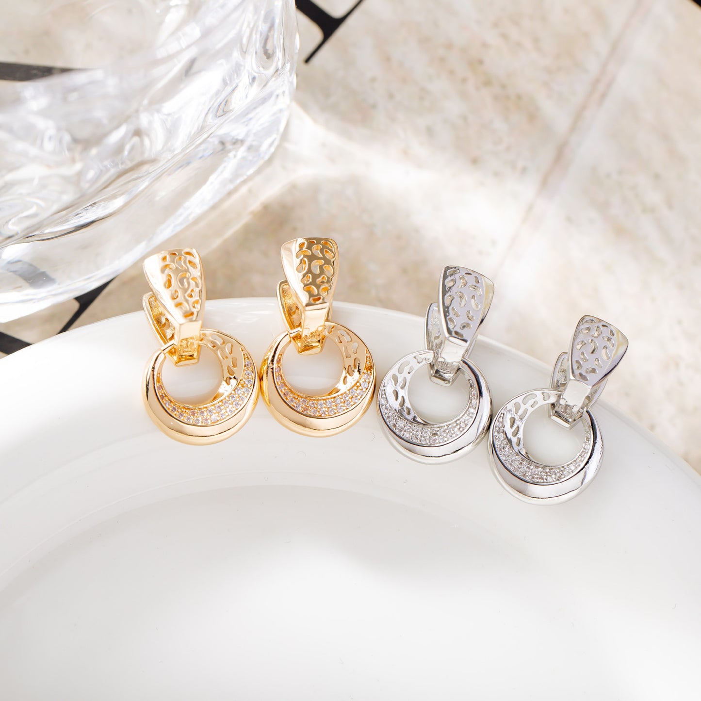 Rose Gold & Silver Moonflower Drop Earrings – Natural Zircon Bridal & Everyday Luxury
