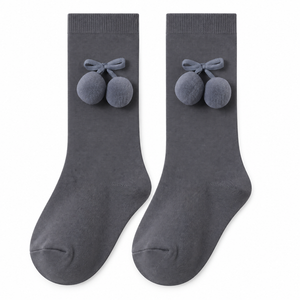 Calcetín Alto con Pompones Bebé Niña – Gris Oscuro