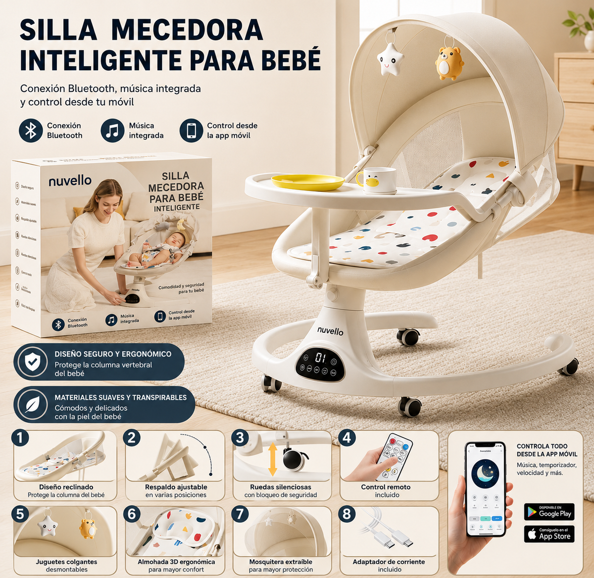 NUVELLO RockSleep – Mecedora Eléctrica Multifuncional para Bebé