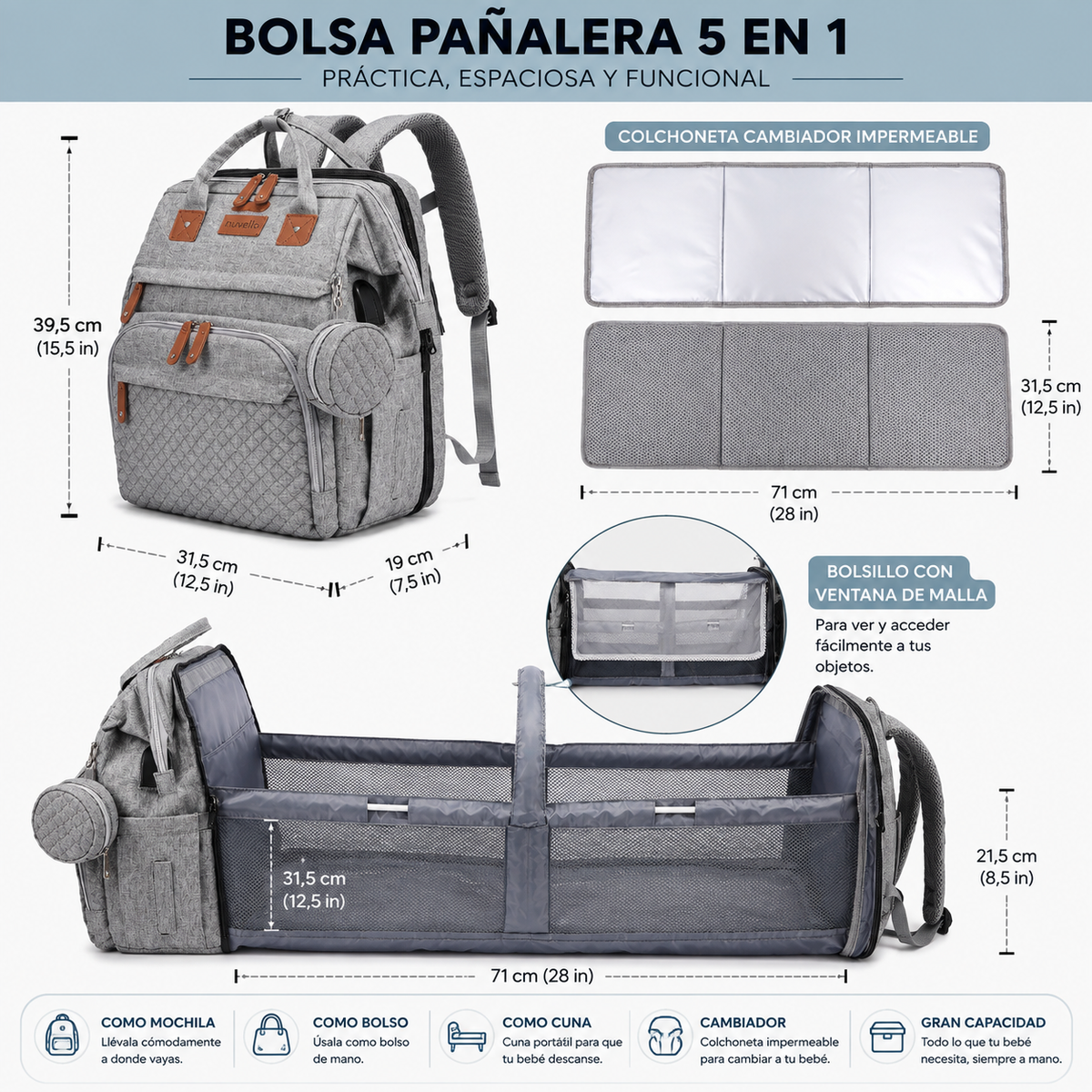 NUVELLO MommyBag – Mochila Multifuncional con Cuna Portátil