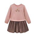 Vestido de niña bicolor rosa con falda marrón de topitos