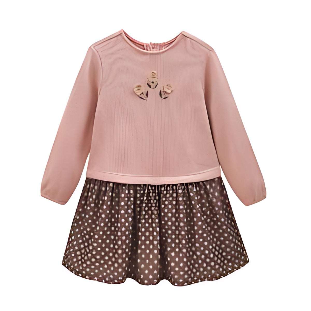 Vestido de niña bicolor rosa con falda marrón de topitos