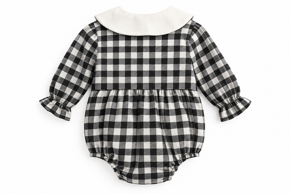 NUVELLO PrincessCuadros Gris – Body Manga Larga de Cuadros en Algodón para Bebé Niña