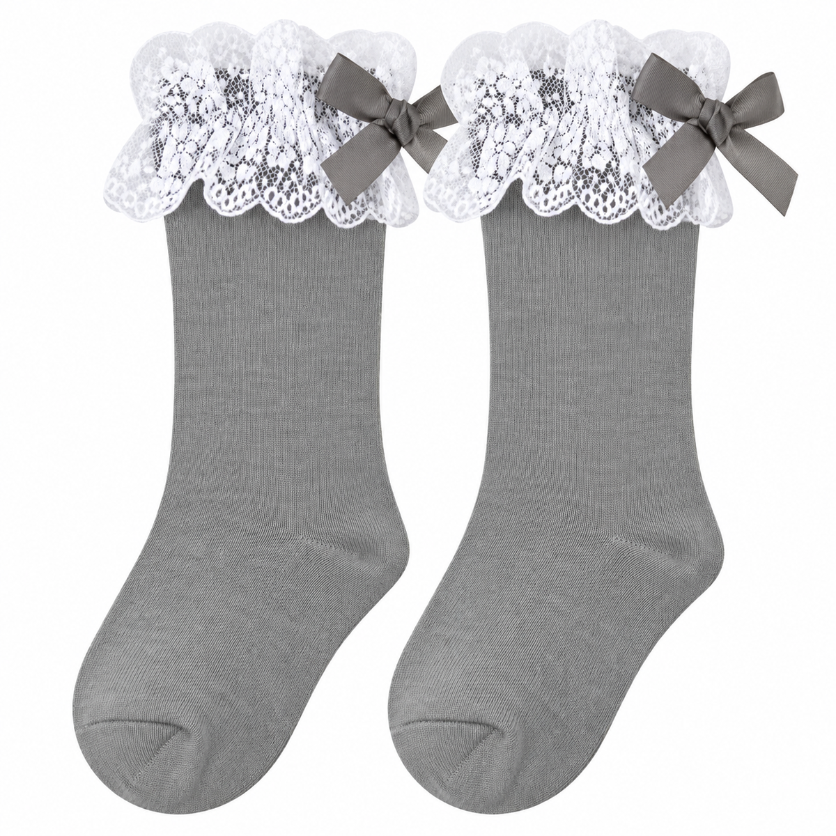 Calcetín Alto con Puntilla Bebé Niña – Gris Claro