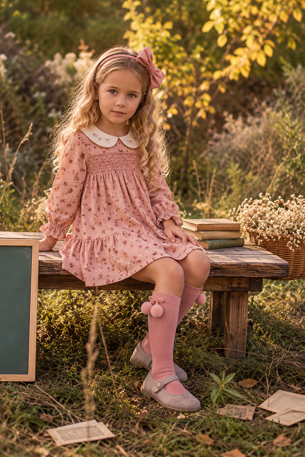Vestido de Niña Flores con Cuello Bebé – Rosa