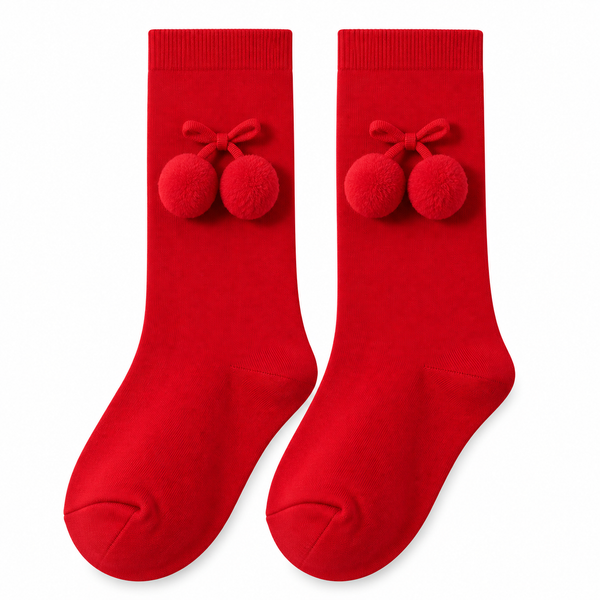 Calcetín Alto con Pompones Bebé Niña – Rojo
