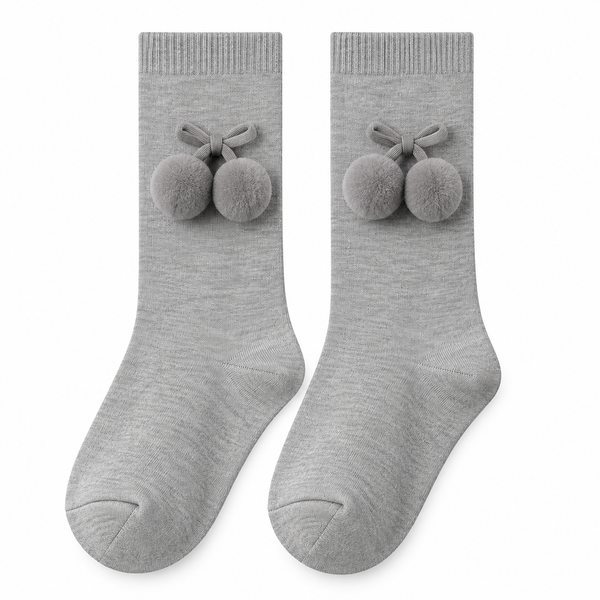 Calcetín Alto con Pompones Bebé Niña – Gris Claro