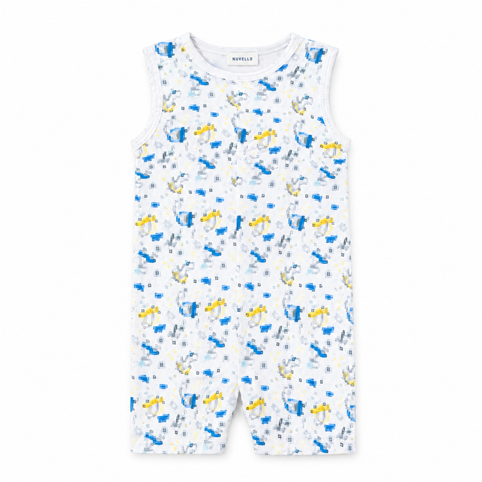 Pelele Corto Sin Mangas Bebé Niño – Estampado Azul y Amarillo