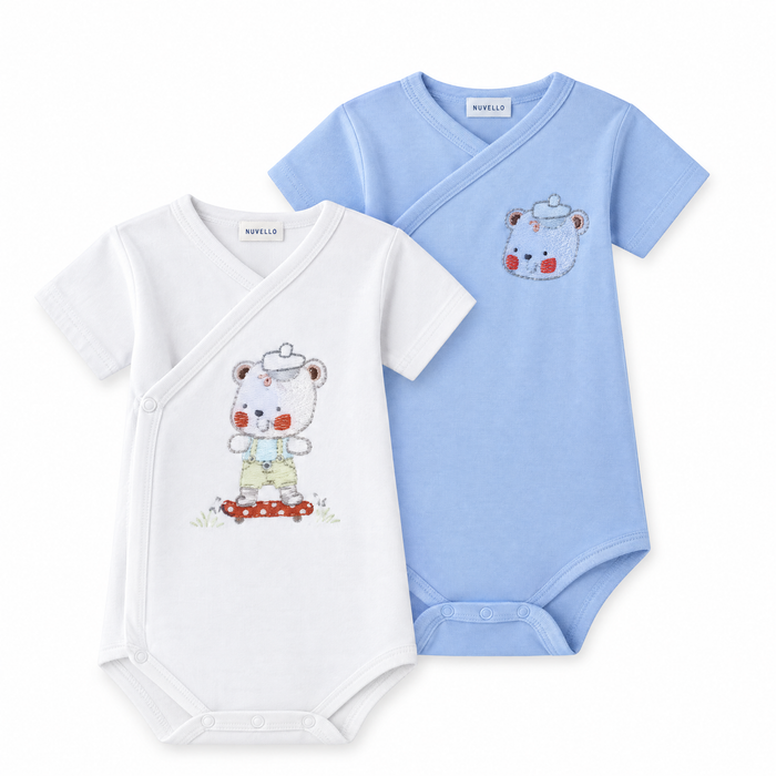 Pack 2 Bodies Cruzados Manga Corta Bebé Niño – Osito Blanco y Azul