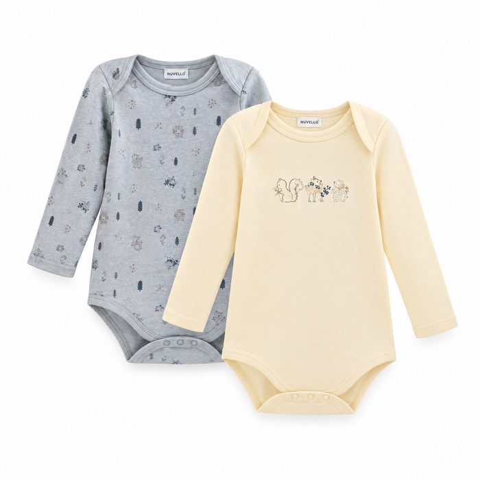Pack 2 Bodies Manga Larga Bebé Niño – Gris y Vainilla Animalitos