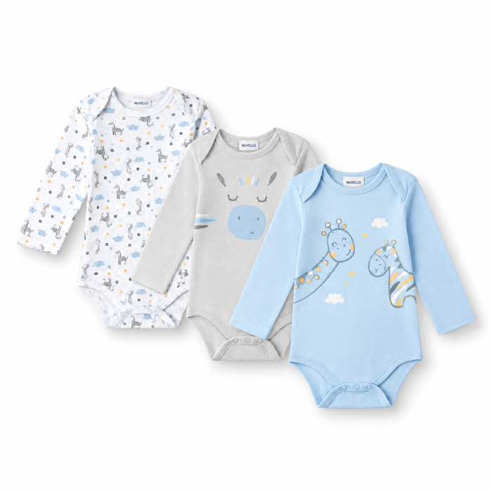 Pack 3 Bodies Manga Larga Bebé Niño – Jirafa Azul y Gris