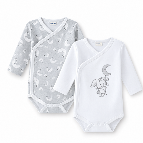 Pack 2 Bodies Cruzados Manga Larga Bebé Niño – Lunas Gris Perla