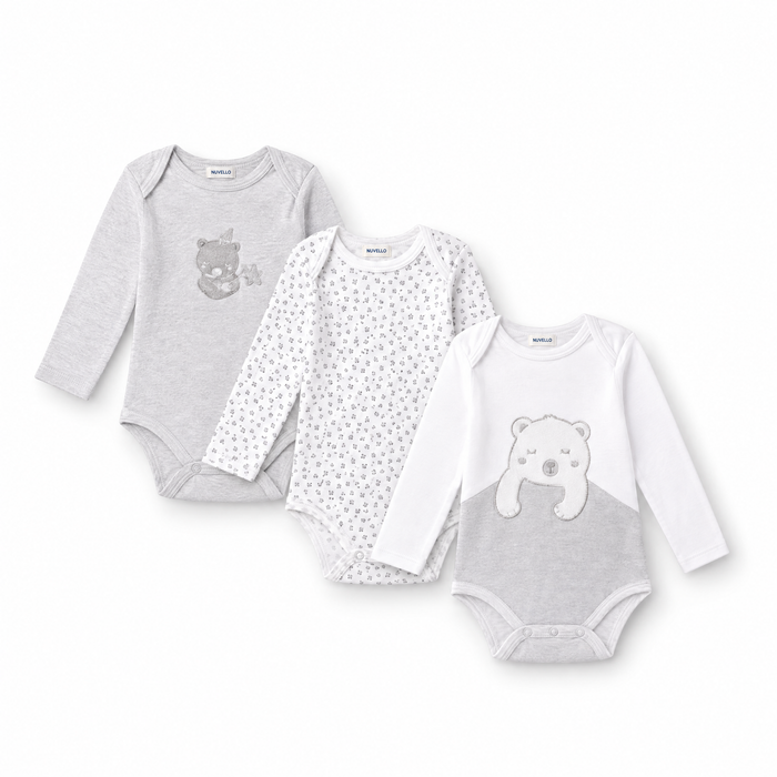 Pack 3 Bodies Manga Larga Bebé Niño – Osito Polar Gris y Blanco