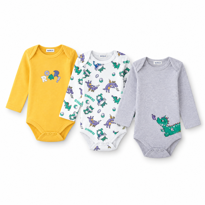 Pack 3 Bodies Manga Larga Bebé Niño – Dinosaurios Mostaza y Gris