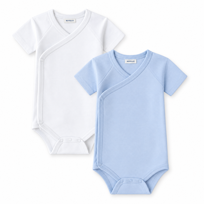 Pack 2 Bodies Cruzados Manga Corta Bebé – Blanco y Azul