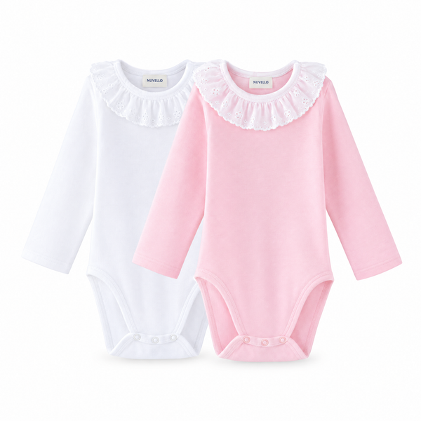 Pack 2 Bodies Manga Larga Cuello Popelín Bebé – Blanco y Rosa