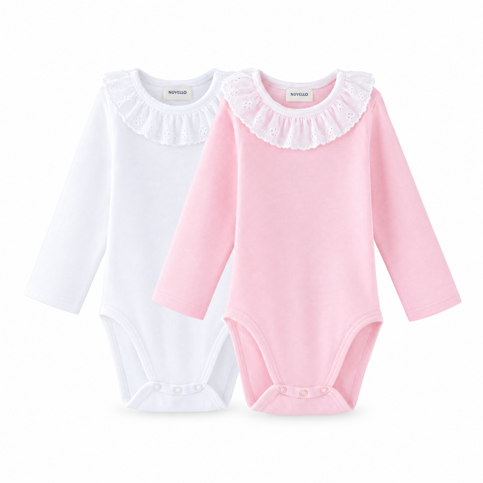 Pack 2 Bodies Manga Larga Cuello Popelín Bebé – Blanco y Rosa