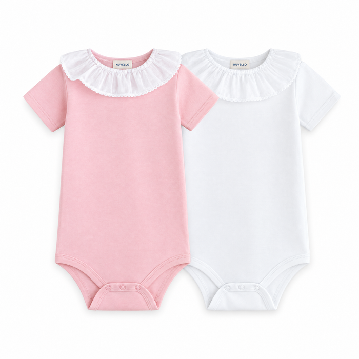 Pack 2 Bodies Manga Corta Cuello Volante Bebé – Rosa y Blanco