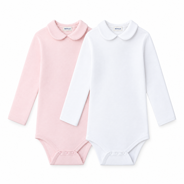 Pack 2 Bodies Manga Larga Cuello Bebé – Rosa y Blanco