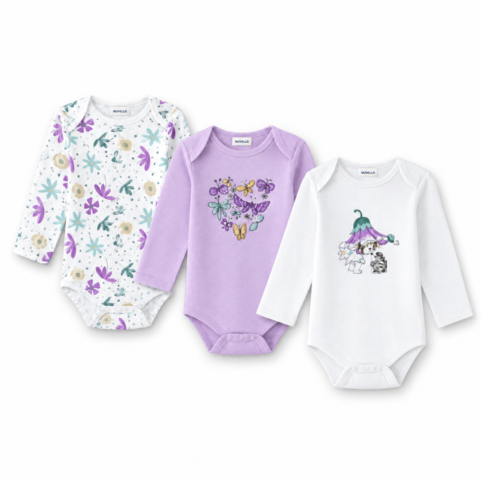 Pack 3 Bodies Manga Larga Bebé Niña – Flores y Lila