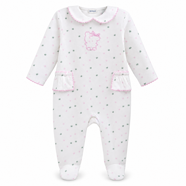 Pijama Terciopelo Bebé Niña – Blanco Cuello Bebé Osito
