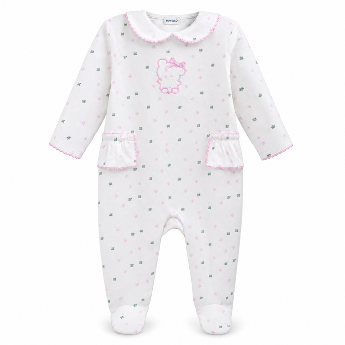 Pijama Terciopelo Bebé Niña – Blanco Cuello Bebé Osito