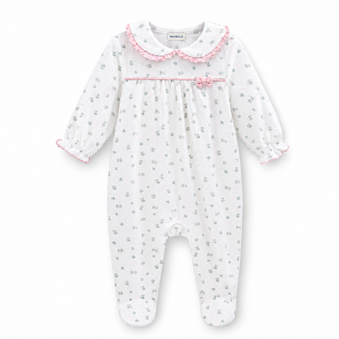 Pijama Terciopelo Bebé Niña – Blanco Cuello Volante Florecitas