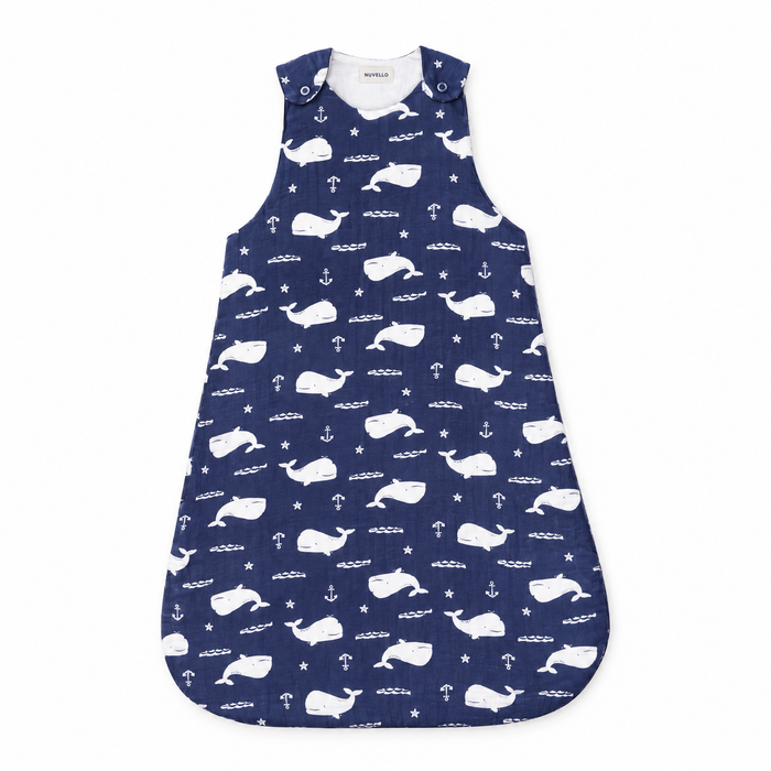 Saco de Dormir Muselina Bebé – Ballenas Azul Marino