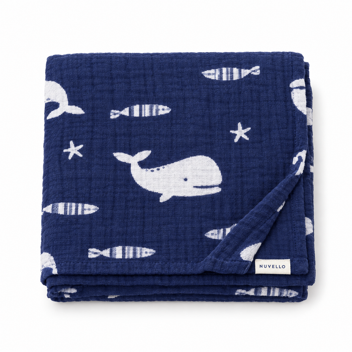 Manta Muselina Bebé – Ballenas Azul Marino